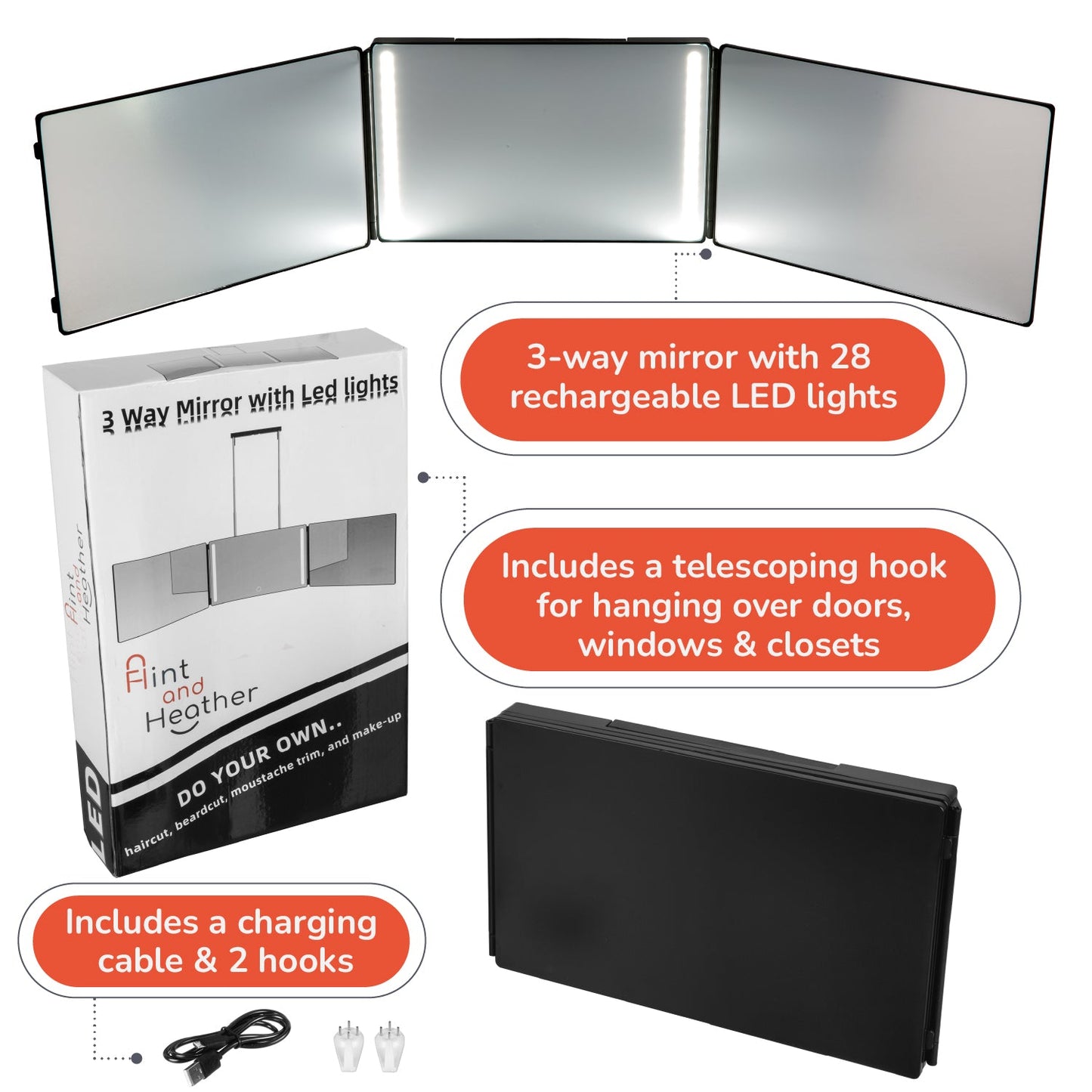 Rechargeable 3-Way Lighted Trifold Mirror – 360° Self Haircut & Makeup Mirror