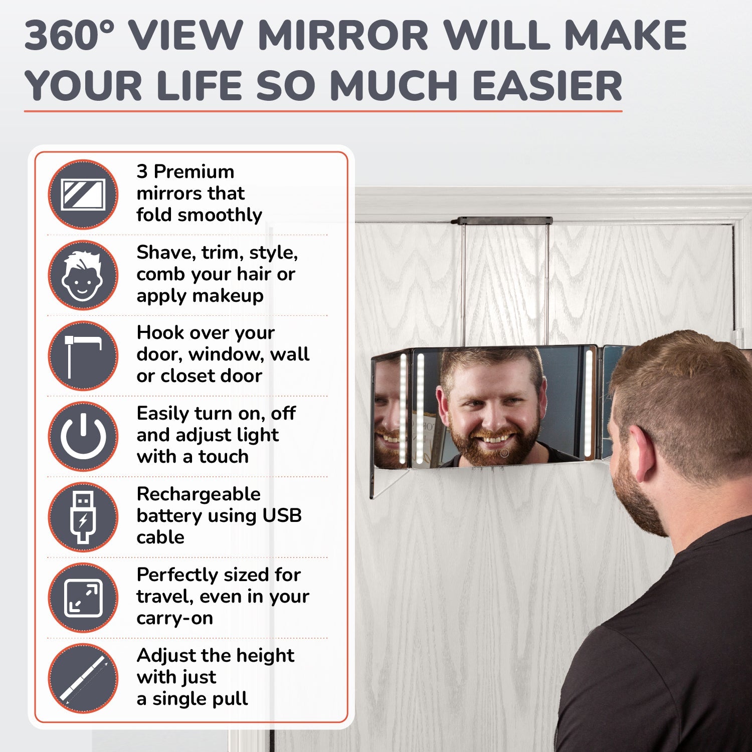 Rechargeable 3-Way Lighted Trifold Mirror – 360° Self Haircut & Makeup Mirror