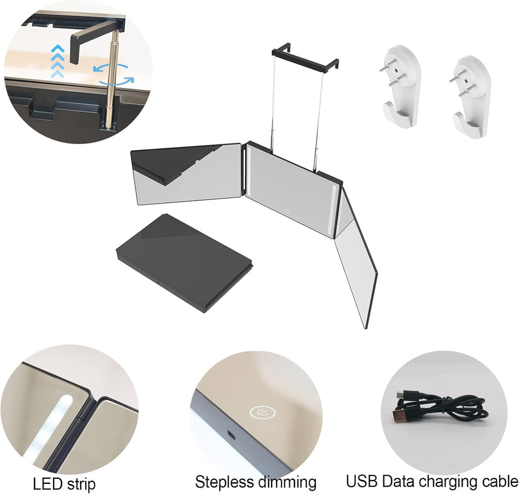 Rechargeable 3-Way Lighted Trifold Mirror – 360° Self Haircut & Makeup Mirror