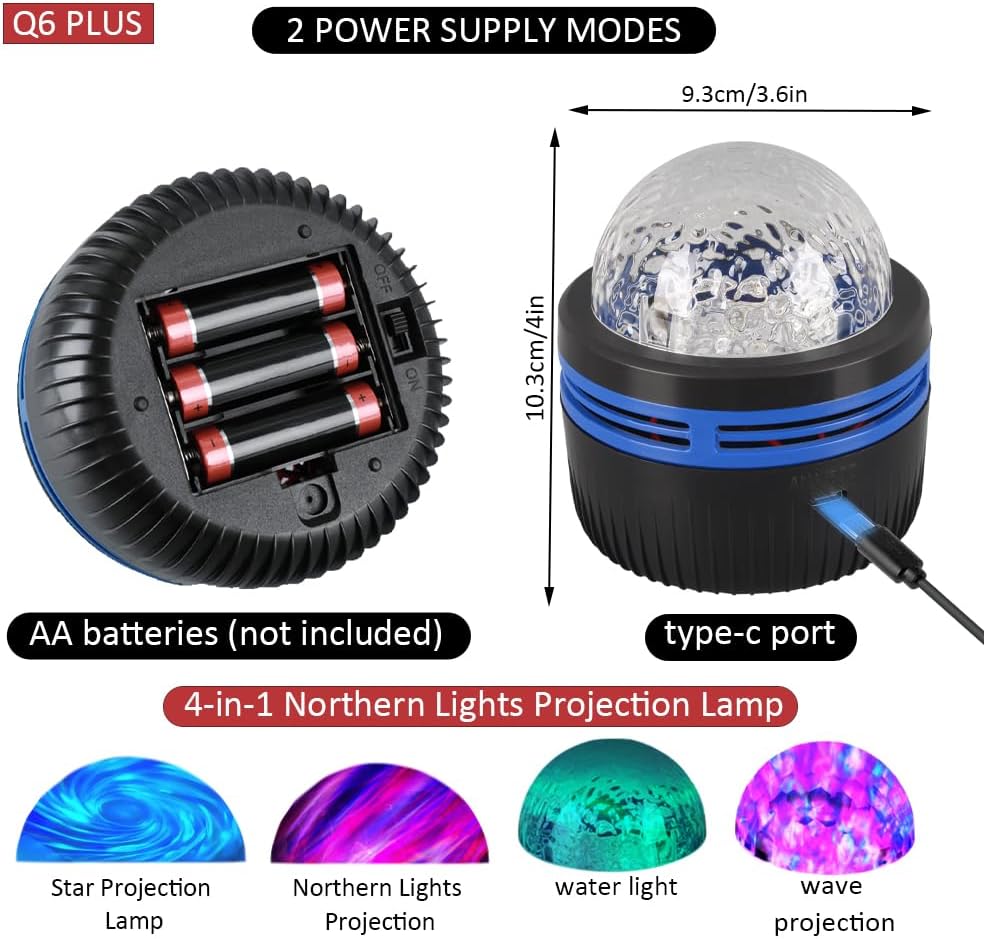 4-in-1 Northern Lights & Ocean Wave Projector – 28 Galaxy Effects, USB-C or AA Power