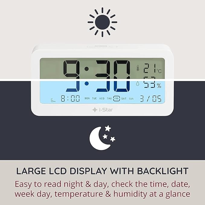 i-Star Portable Digital Alarm Clock – Large LCD, 3 Alarms, Touch Snooze/Backlight