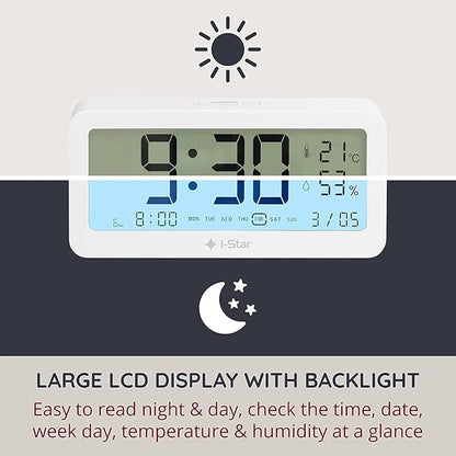i-Star Portable Digital Alarm Clock – Large LCD, 3 Alarms, Touch Snooze/Backlight