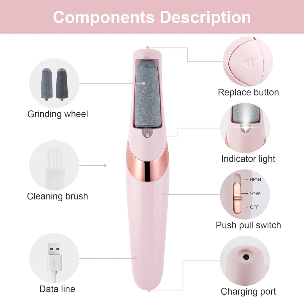 Electric Foot Callus Remover – 2 Speeds, USB Rechargeable, LED Light, Wet/Dry with Replaceable Heads