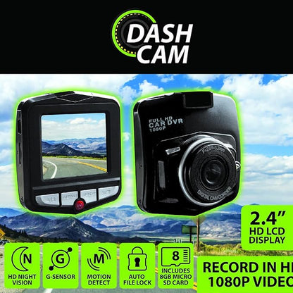 Gadget Gear 2.4" HD LCD Dash Cam – 1080p with Night Vision (8GB Card Included)