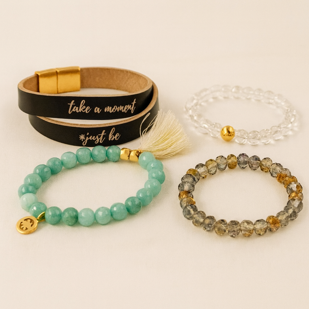 Intension Bracelet Set – 4-Piece Mindful Stack with Leather Wrap & Beads