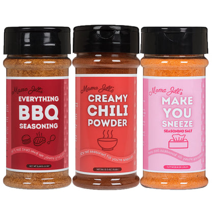 3pk Mama Jill’s Seasoning - Everything BBQ, Make You Sneeze Salt, Creamy Chili Powder