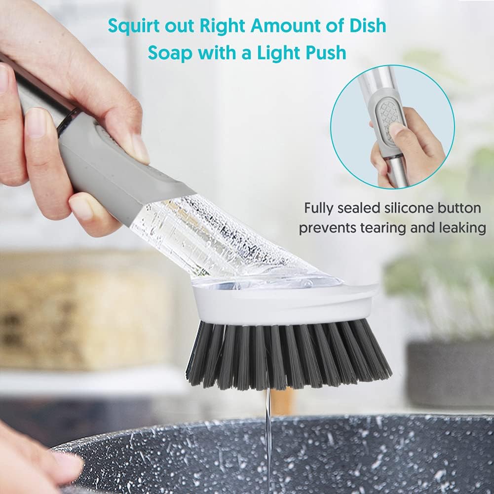 Leak-Proof Soap Dispensing Dish Brush with Holder & 3 Refill Heads