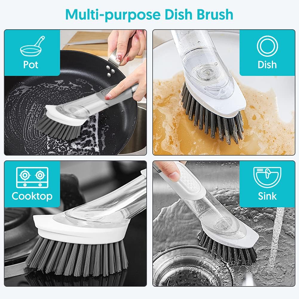 Leak-Proof Soap Dispensing Dish Brush with Holder & 3 Refill Heads