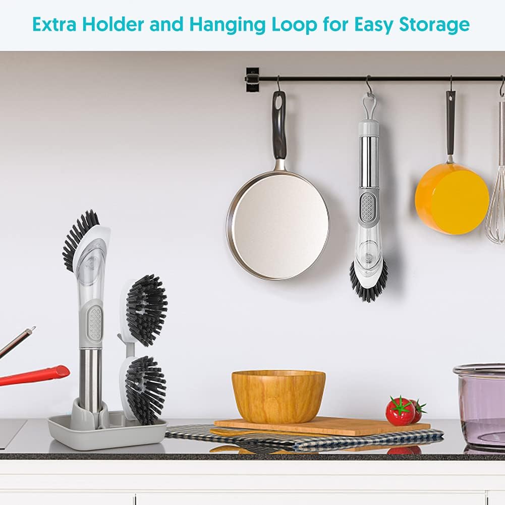 Leak-Proof Soap Dispensing Dish Brush with Holder & 3 Refill Heads