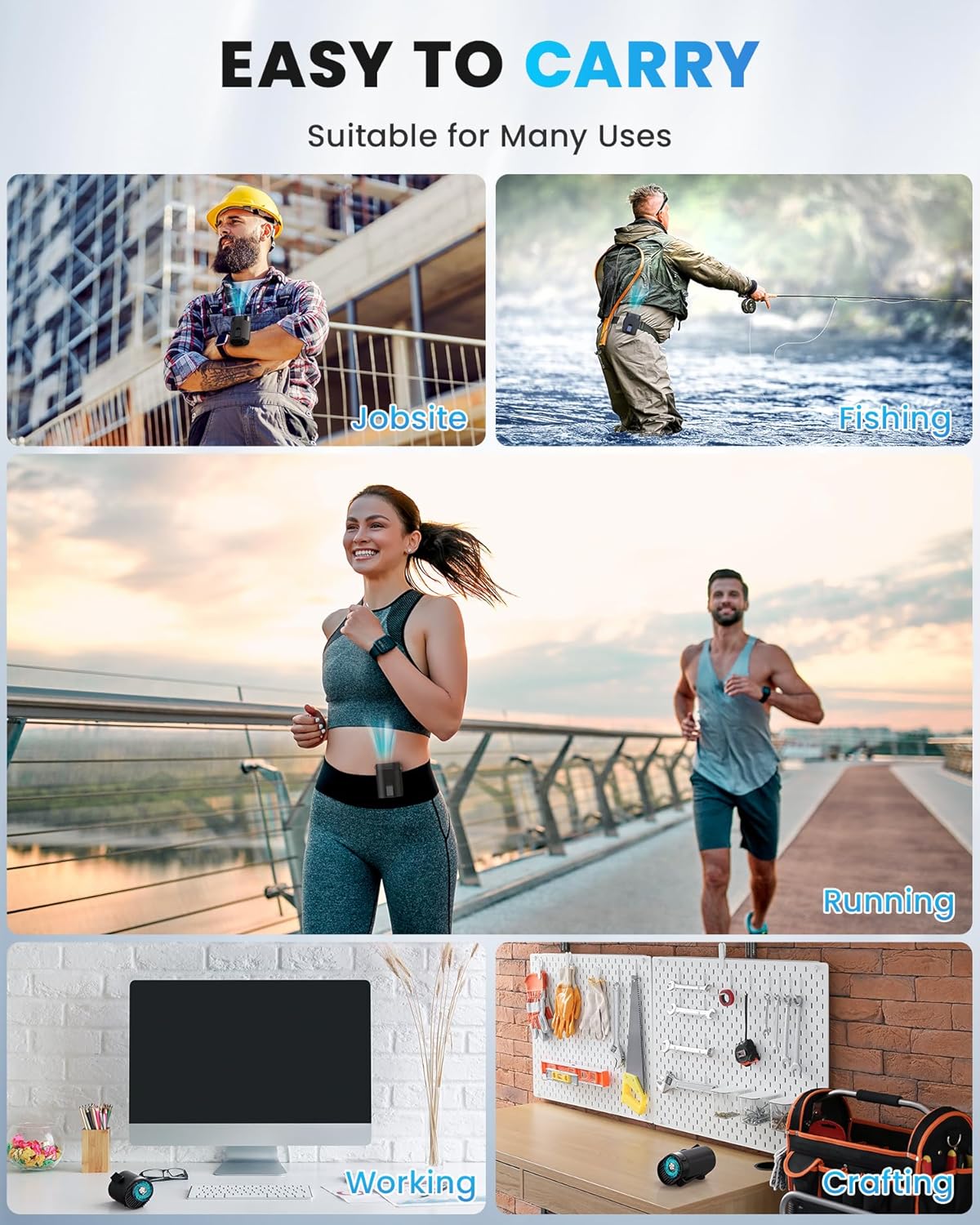 TEJINO Portable Waist Fan – 4 Speeds, Low Noise, Rechargeable