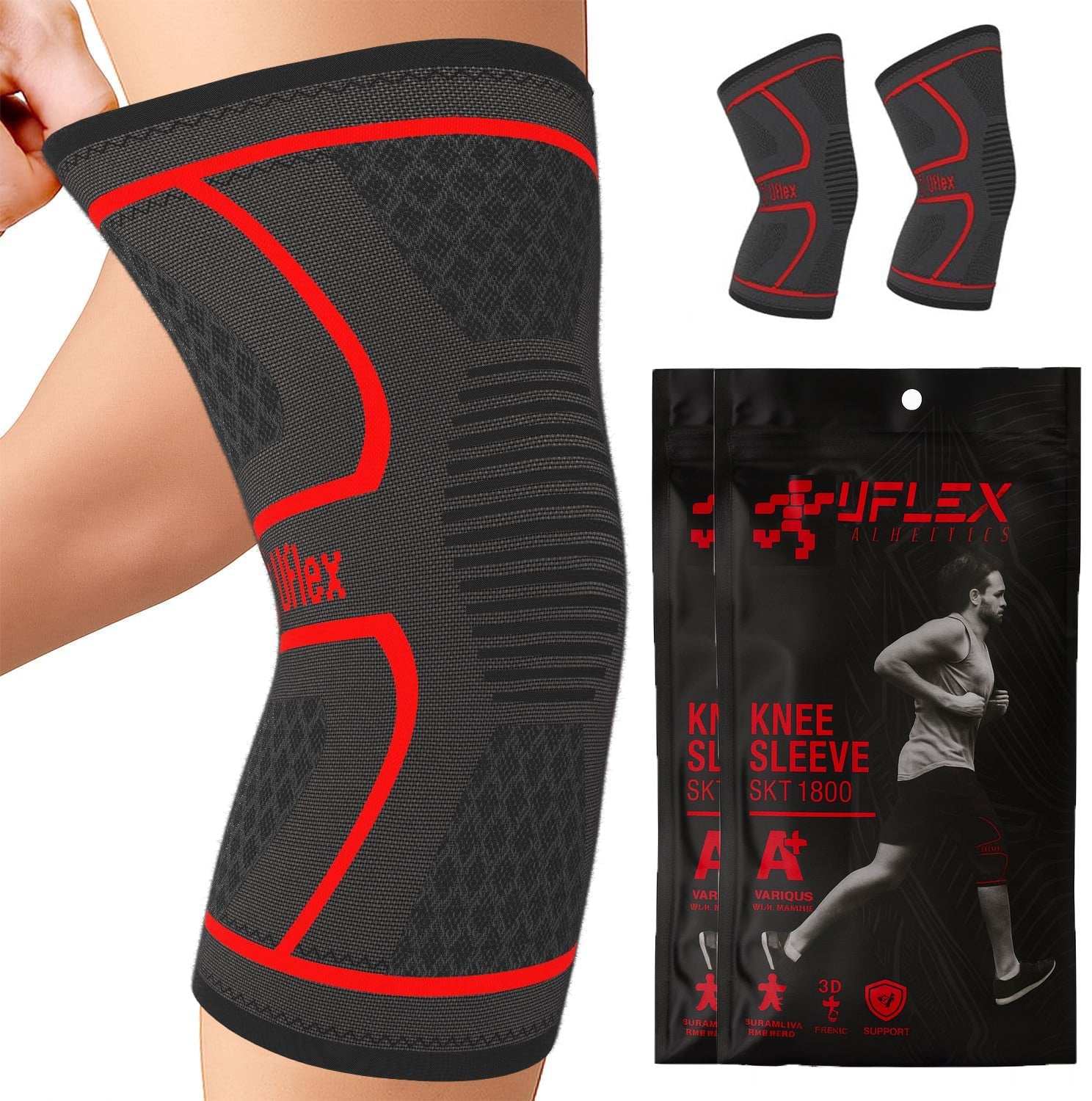 2pk UFlex Knee Compression Sleeves – Non-Slip Support for Sports & Recovery