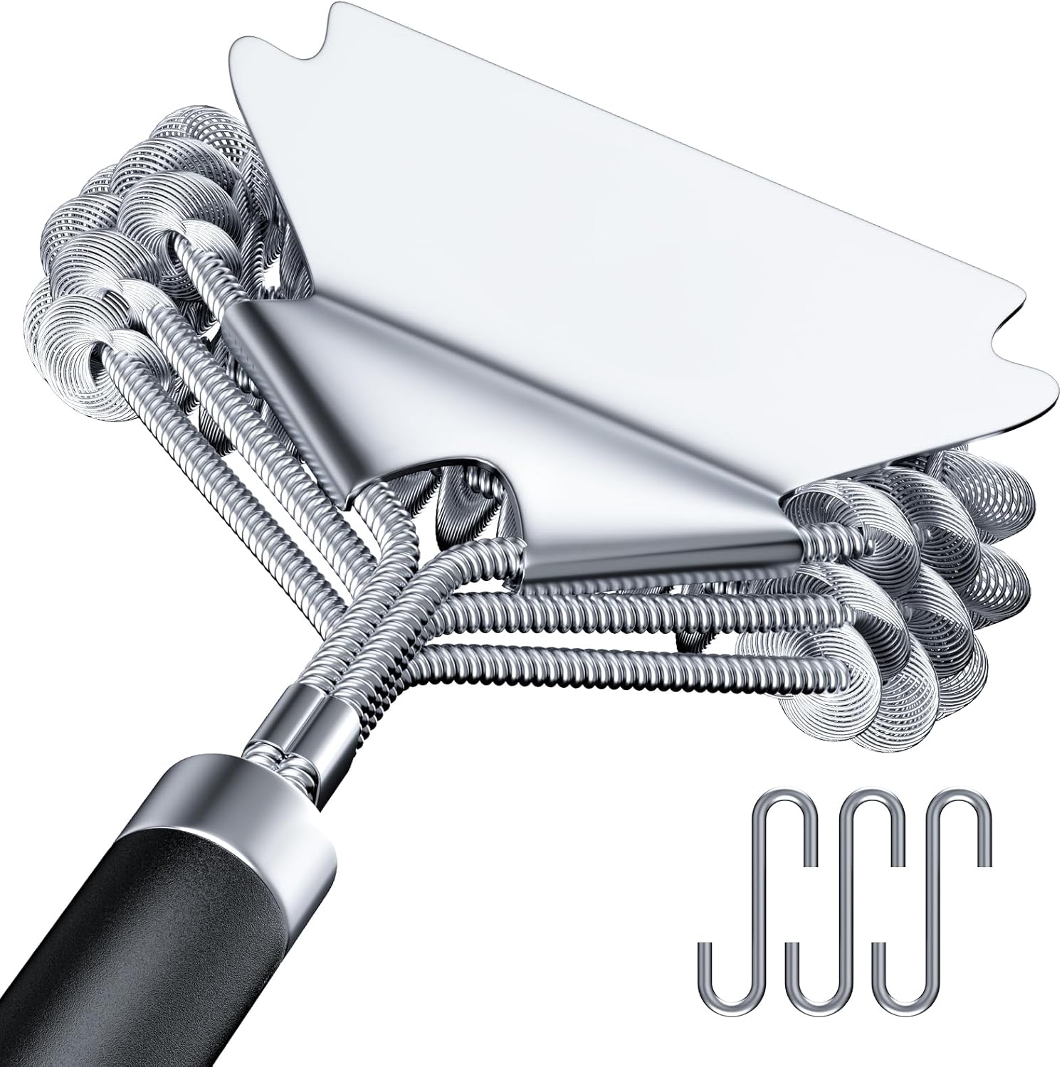 Stainless Steel Grill Brush with Scraper – Heat Resistant BBQ Cleaner , 17″ Handle