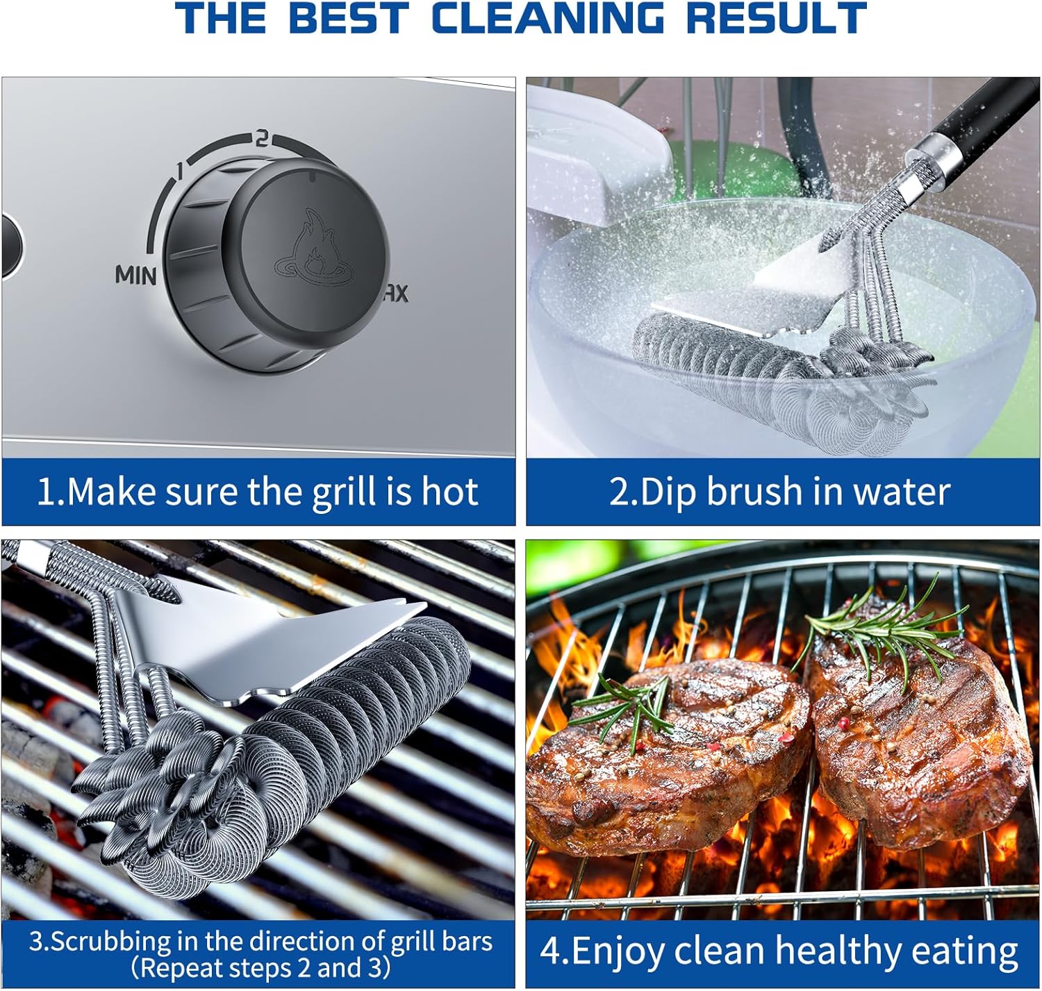 Stainless Steel Grill Brush with Scraper – Heat Resistant BBQ Cleaner , 17″ Handle