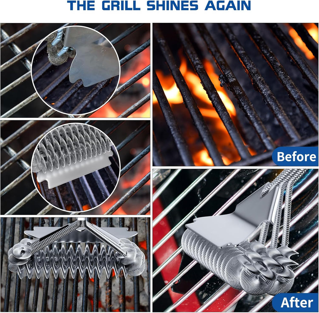Stainless Steel Grill Brush with Scraper – Heat Resistant BBQ Cleaner , 17″ Handle
