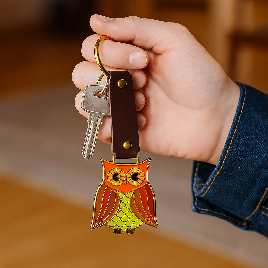 Retro Metal Owl with Leather Strap Keychain – 6.5"