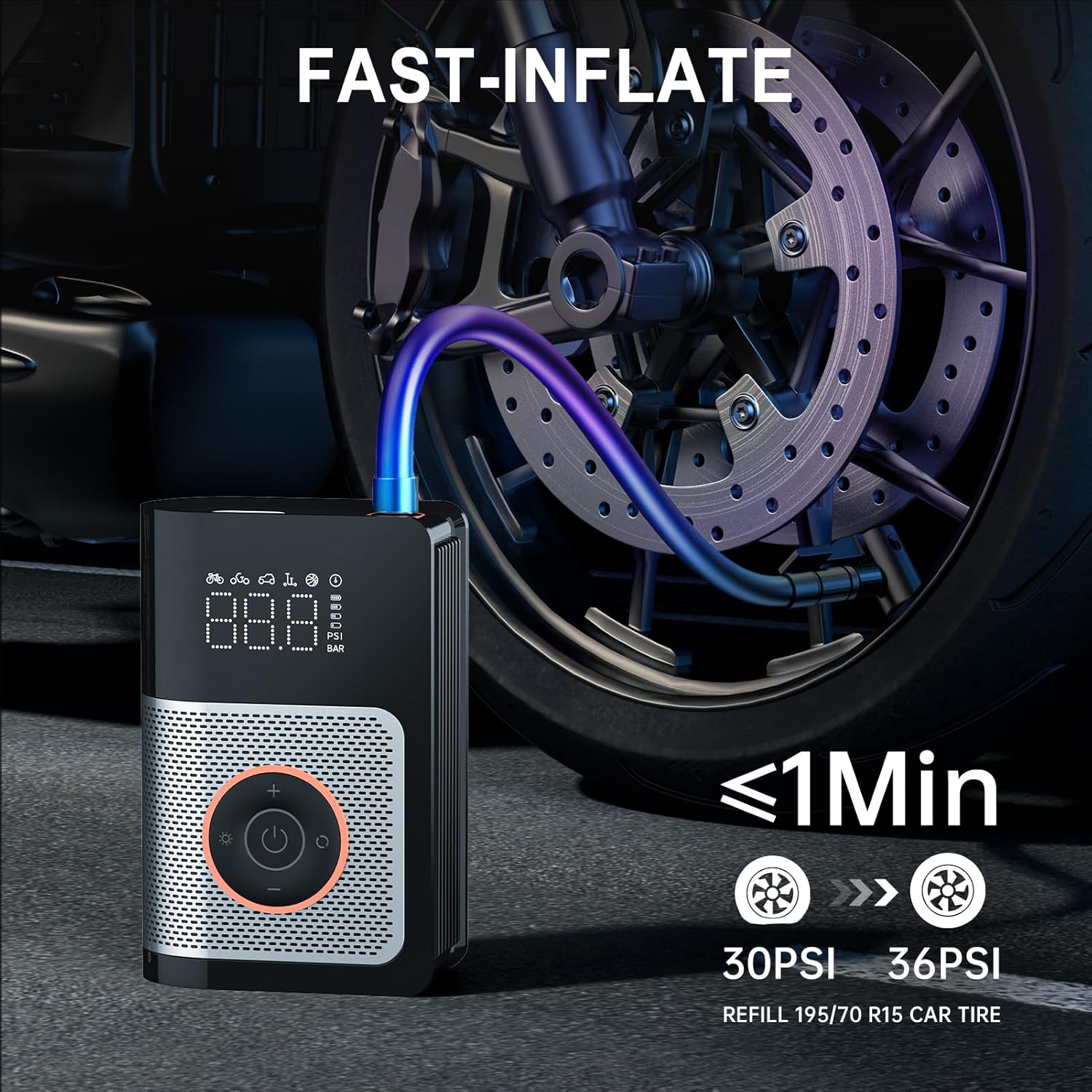 Portable Tire Inflator Air Compressor – 160 PSI with Gauge, Memory & Power Bank