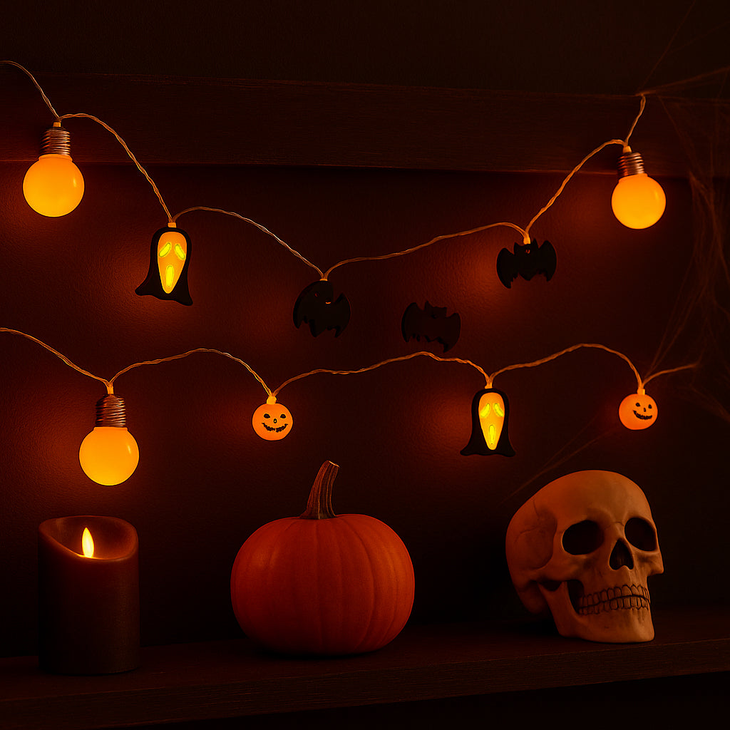 7 Ft Halloween String Lights – Battery Operated with Pumpkins, Bats, & Ghost Face