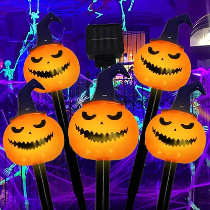 5pk Solar Pumpkin Pathway Lights with Purple Hats – Halloween Outdoor Décor