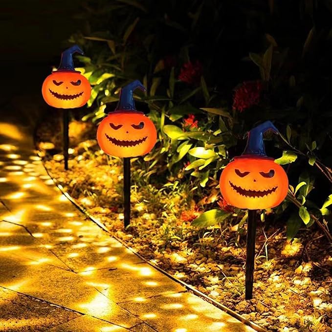 5pk Solar Pumpkin Pathway Lights with Purple Hats – Halloween Outdoor Décor