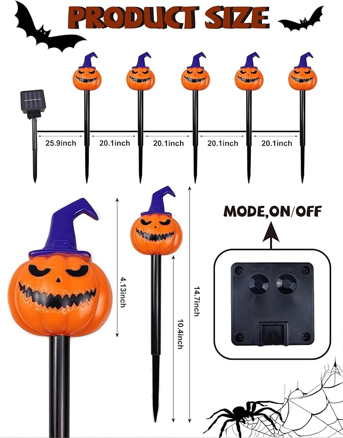 5pk Solar Pumpkin Pathway Lights with Purple Hats – Halloween Outdoor Décor