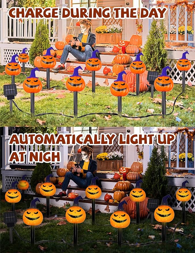5pk Solar Pumpkin Pathway Lights with Purple Hats – Halloween Outdoor Décor