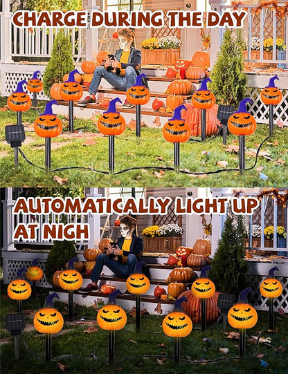 5pk Solar Pumpkin Pathway Lights with Purple Hats – Halloween Outdoor Décor