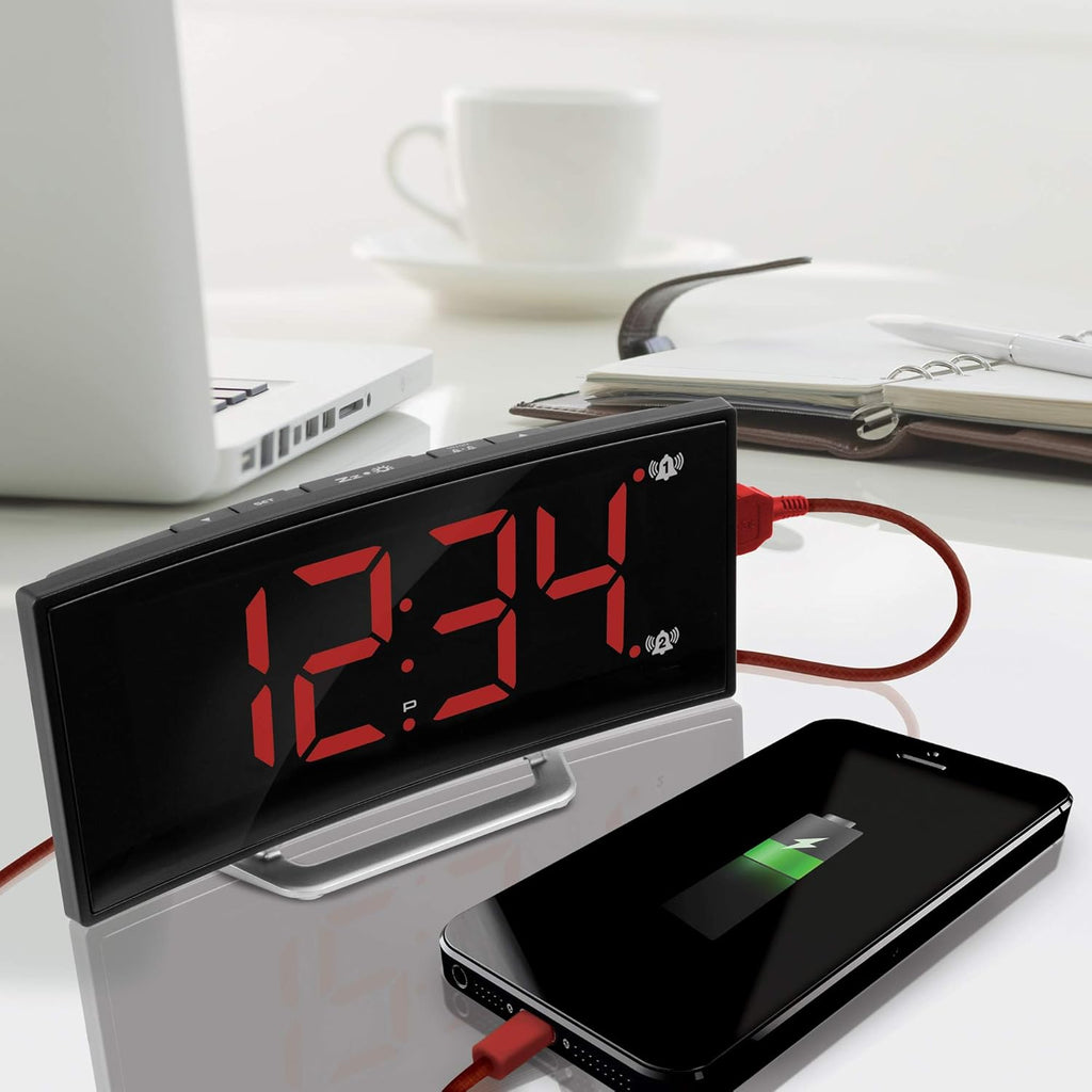 LED Alarm Clock with USB Charging – Modern Wedge Design with Snooze