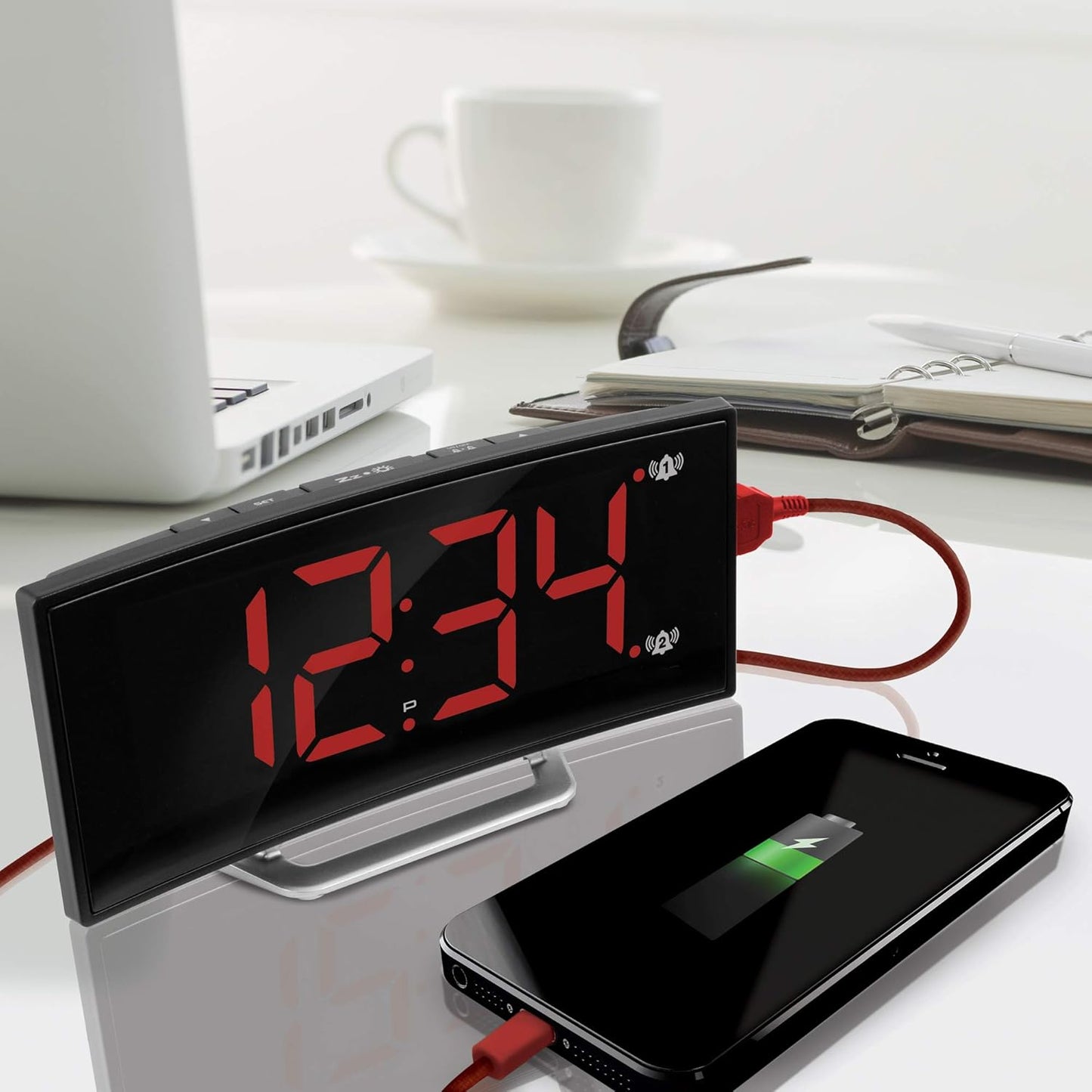 LED Alarm Clock with USB Charging – Modern Wedge Design with Snooze