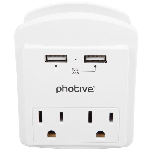 Photive Compact USB Wall Plug – Surge Protector with 2 AC Outlets + 2 USB Ports & Phone Holder