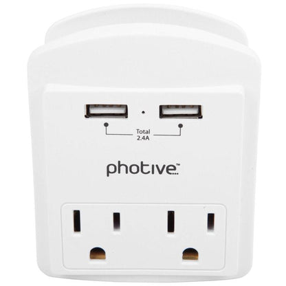 Photive Compact USB Wall Plug – Surge Protector with 2 AC Outlets + 2 USB Ports & Phone Holder