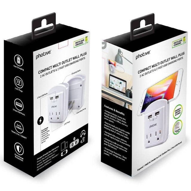Photive Compact USB Wall Plug – Surge Protector with 2 AC Outlets + 2 USB Ports & Phone Holder