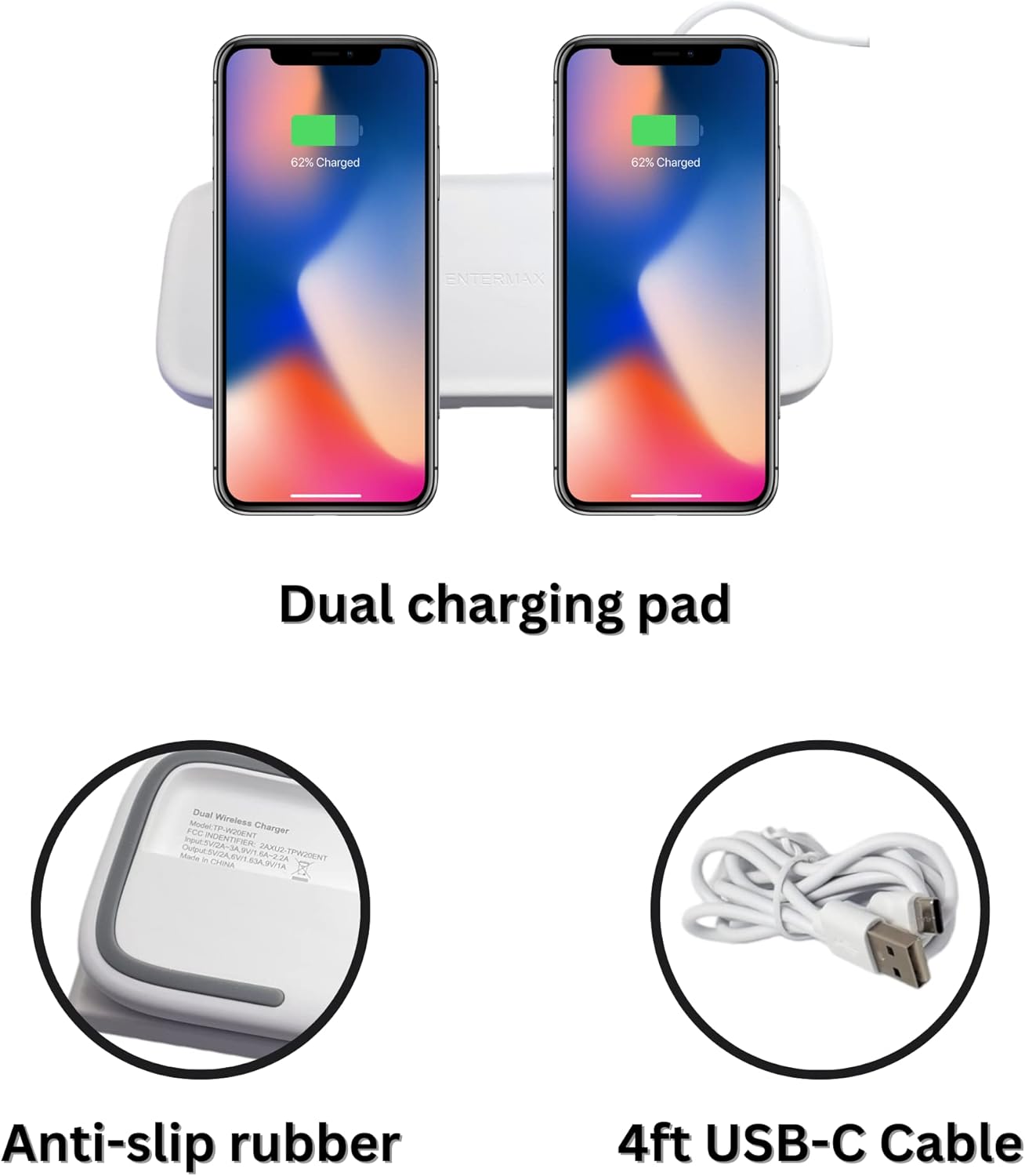 ENTERMAX Dual Wireless Charging Pad – 18W Fast Qi Charger for iPhone, Samsung & AirPods