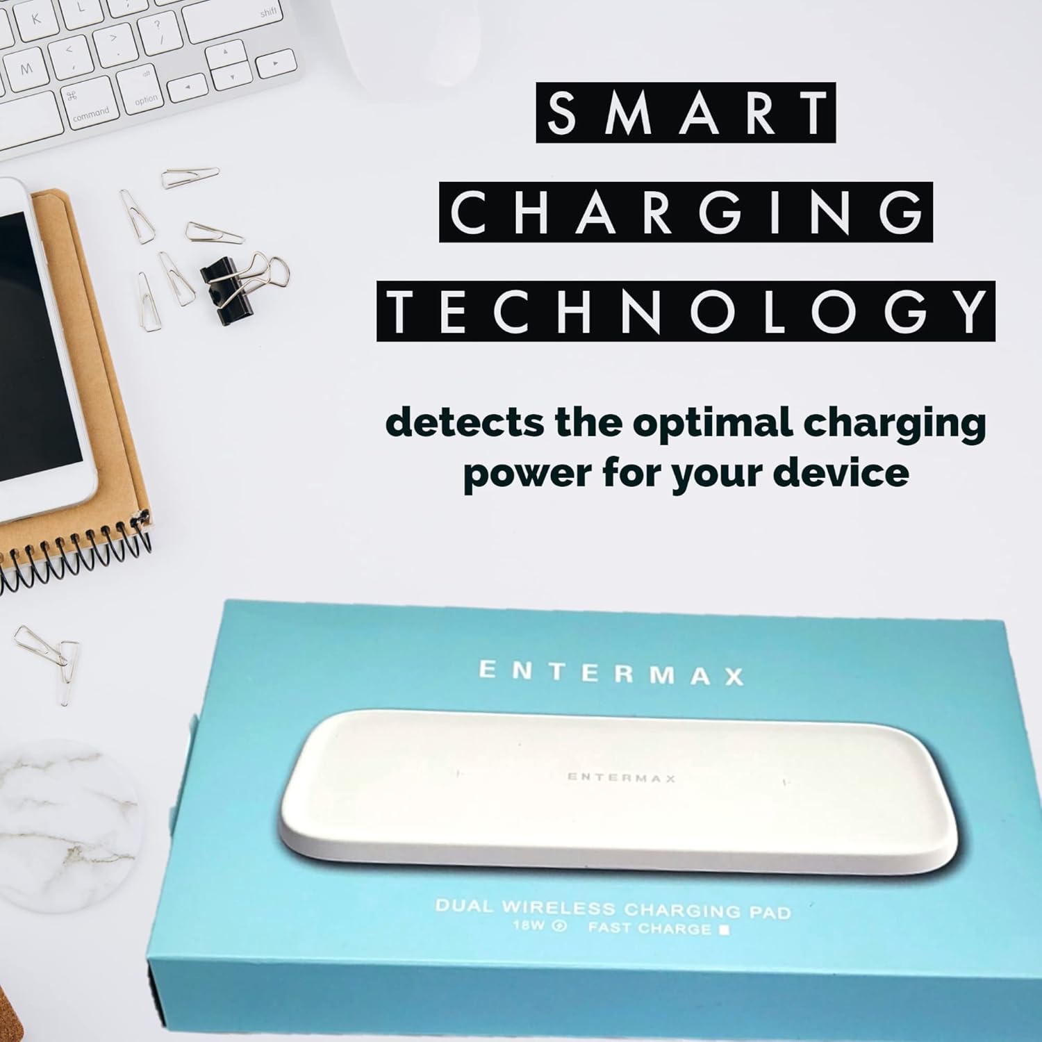 ENTERMAX Dual Wireless Charging Pad – 18W Fast Qi Charger for iPhone, Samsung & AirPods