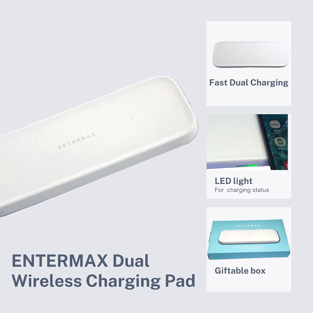 ENTERMAX Dual Wireless Charging Pad – 18W Fast Qi Charger for iPhone, Samsung & AirPods