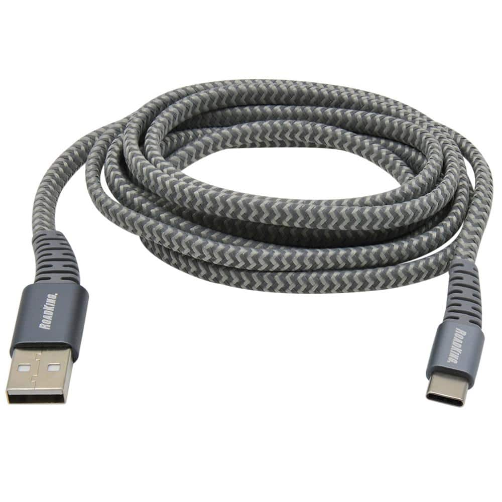 RoadKing 6 ft. Heavy-Duty USB-C Charge & Sync Cable – Silver Nylon Braided