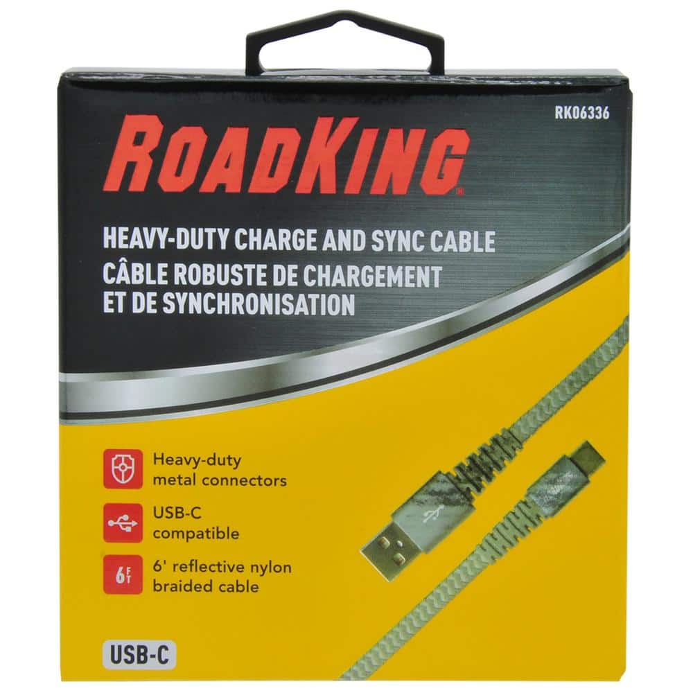 RoadKing 6 ft. Heavy-Duty USB-C Charge & Sync Cable – Silver Nylon Braided