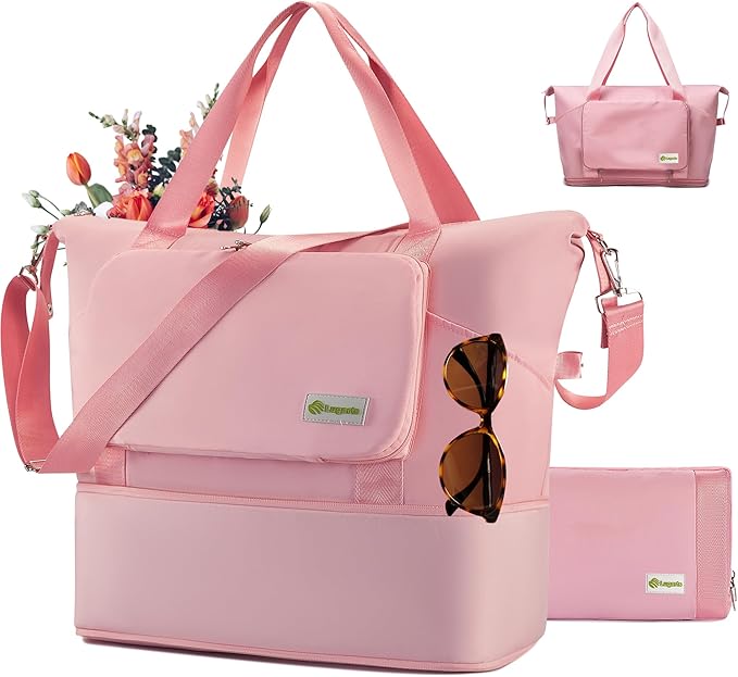 Foldable Travel Duffel Bag – Expandable Water-Resistant Weekender Tote with Wet Compartment (Pink)