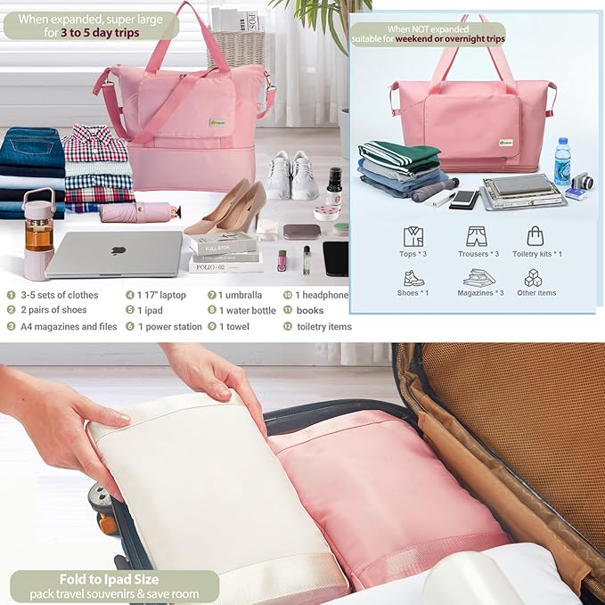 Foldable Travel Duffel Bag – Expandable Water-Resistant Weekender Tote with Wet Compartment (Pink)