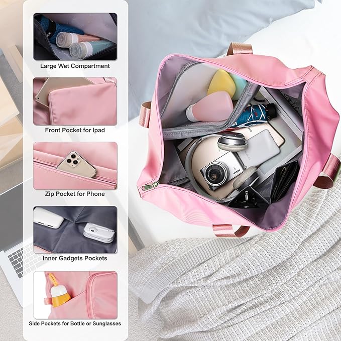 Foldable Travel Duffel Bag – Expandable Water-Resistant Weekender Tote with Wet Compartment (Pink)