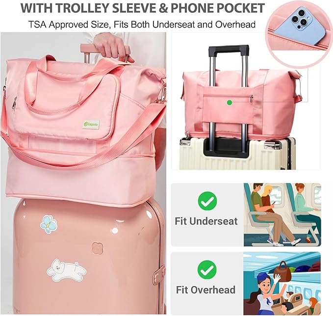 Foldable Travel Duffel Bag – Expandable Water-Resistant Weekender Tote with Wet Compartment (Pink)