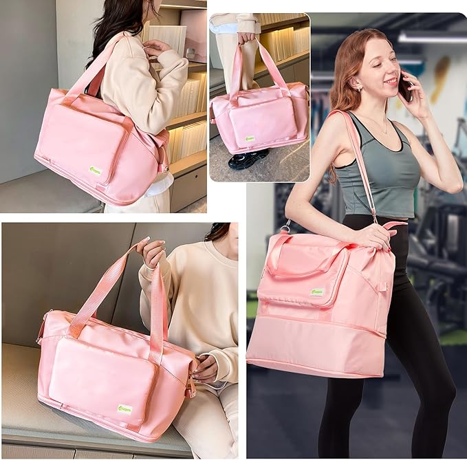 Foldable Travel Duffel Bag – Expandable Water-Resistant Weekender Tote with Wet Compartment (Pink)