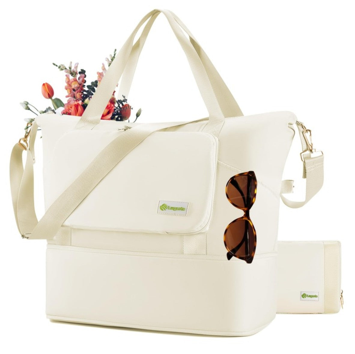 Lugarts Foldable Travel Duffel Bag – Beige Expandable Water-Resistant Weekender with Wet Compartment