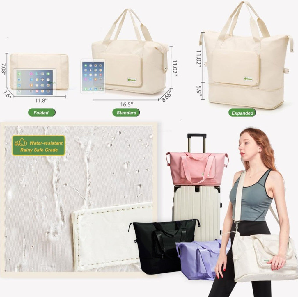 Lugarts Foldable Travel Duffel Bag – Beige Expandable Water-Resistant Weekender with Wet Compartment