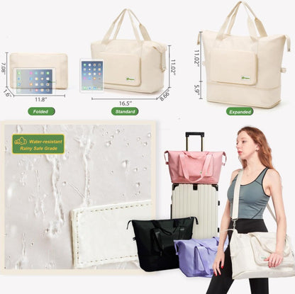 Lugarts Foldable Travel Duffel Bag – Beige Expandable Water-Resistant Weekender with Wet Compartment