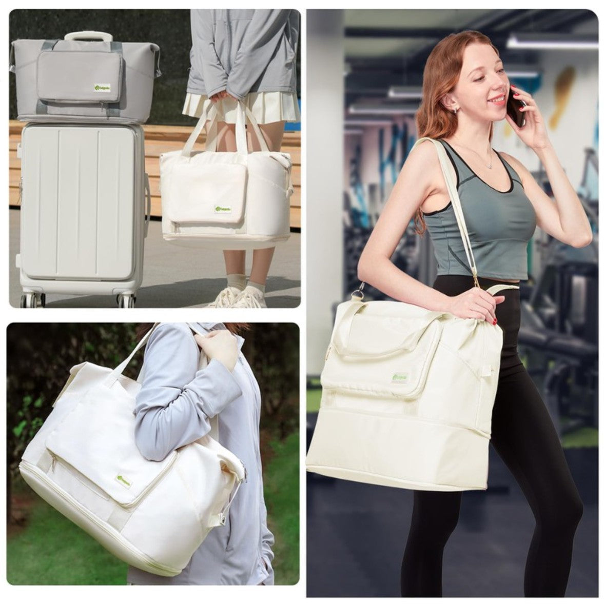 Lugarts Foldable Travel Duffel Bag – Beige Expandable Water-Resistant Weekender with Wet Compartment