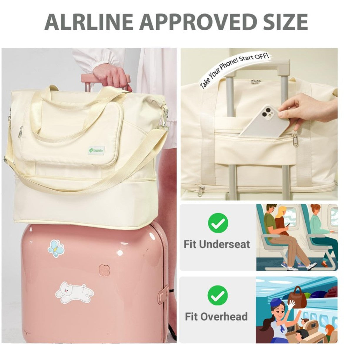 Lugarts Foldable Travel Duffel Bag – Beige Expandable Water-Resistant Weekender with Wet Compartment