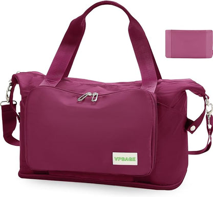 Foldable Travel Duffel Bag – Expandable Water-Resistant Weekender Tote in Wine Red