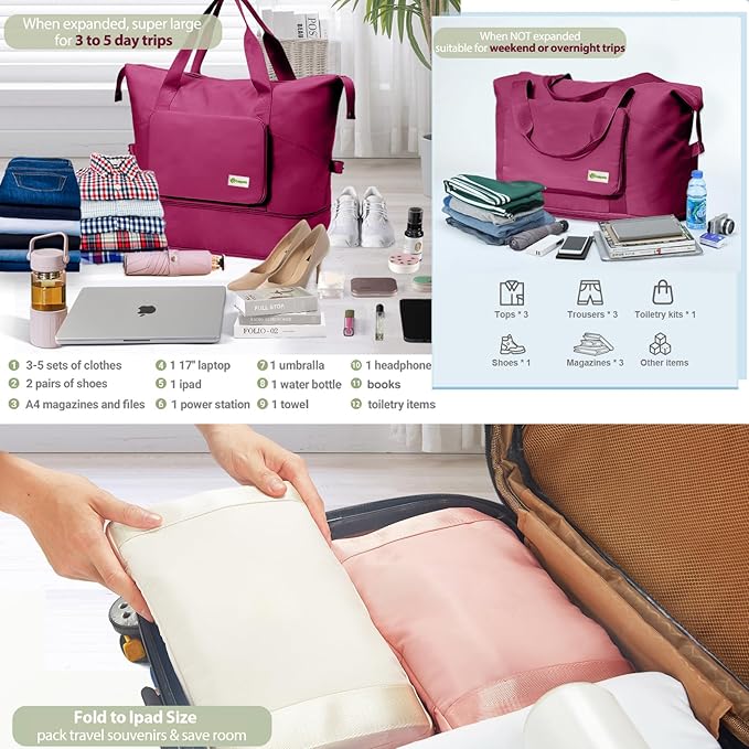 Foldable Travel Duffel Bag – Expandable Water-Resistant Weekender Tote in Wine Red