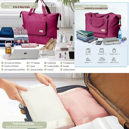 Foldable Travel Duffel Bag – Expandable Water-Resistant Weekender Tote in Wine Red