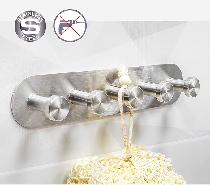 Tatkraft Jane Self Adhesive Wall Hooks – 5 Stainless Steel Hooks – No Drill Easy Install